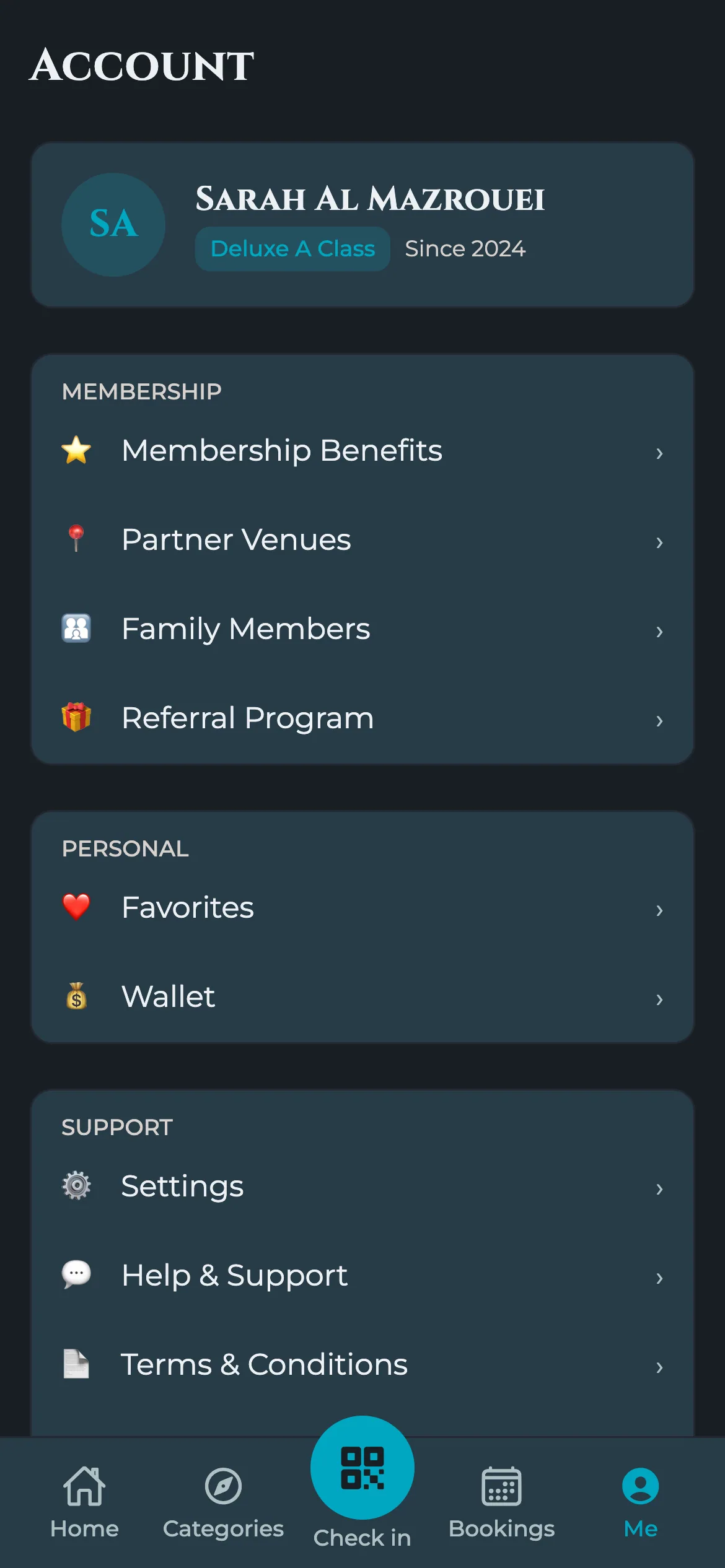 Luxury Facilities member app account screen